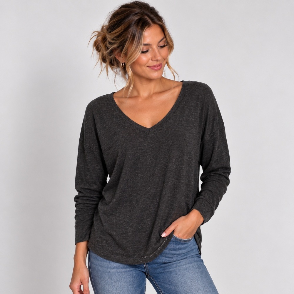 Life is Good Womens Relaxed Fit V-Neck Long Sleeve Top Charcoal Gray Small